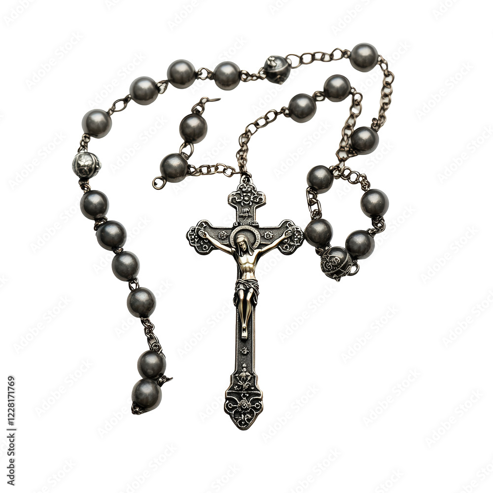 Isolated Dark Gray Beaded Rosary with Crucifix Isolated Dark Gray Beaded Rosary with Crucifix
