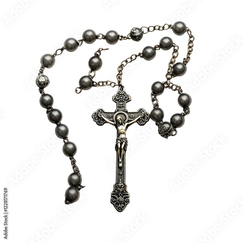 Isolated Dark Gray Beaded Rosary with Crucifix