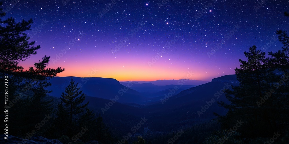 Starlit twilight over a serene mountain valley