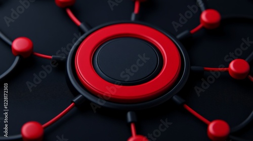 Red and Black Network Hub: Abstract 3D rendering of a central hub with radiating connections, showcasing a striking contrast of red and black.  The image evokes themes of connectivity, technology. photo