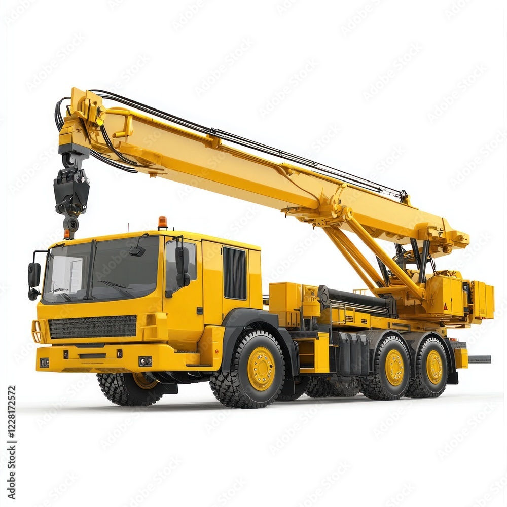 Crane Truck realistic isolated on white background. Heavy Machinery. Construction Vehicle. Mobile Crane. Truck with Crane Arm. Crane Truck Design Element. Realistic Crane Truck isolated for Designers. Crane Truck realistic isolated on white background. Heavy Machinery. Construction Vehicle. Mobile Crane. Truck with Crane Arm. Crane Truck Design Element. Realistic Crane Truck isolated for Designers.