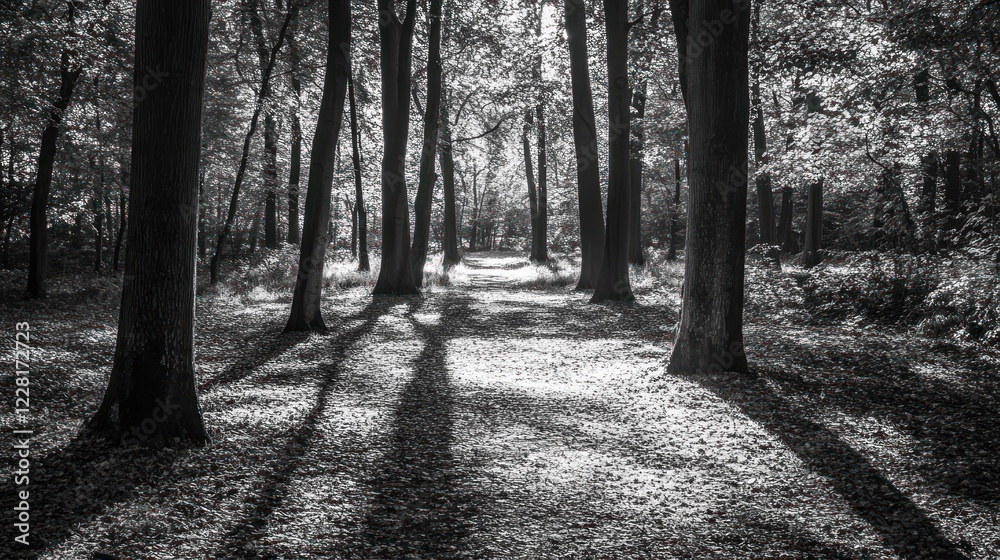 Naklejka premium Sunlit Path Through A Serene Wooded Area