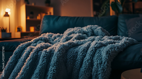 A soft, textured blanket draped over a couch in a cozy living room setting.