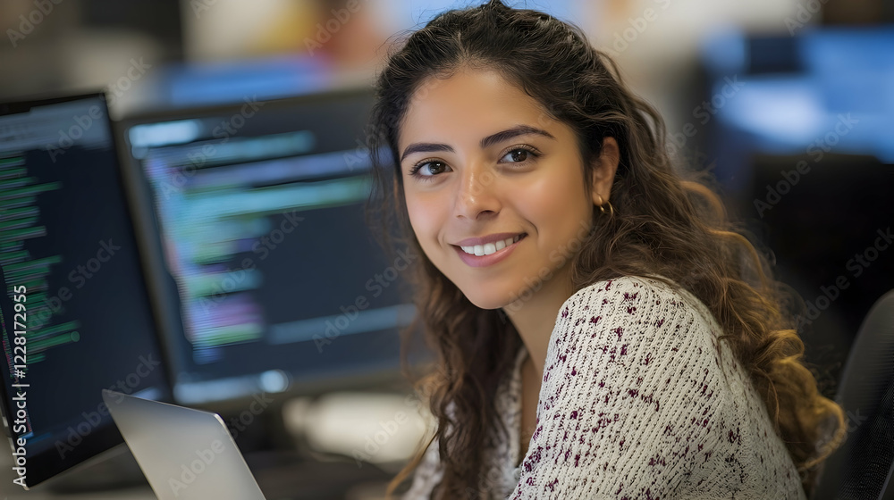 Hispanic female software engineer working on a laptop in a high-tech office Hispanic female software engineer working on a laptop in a high-tech office