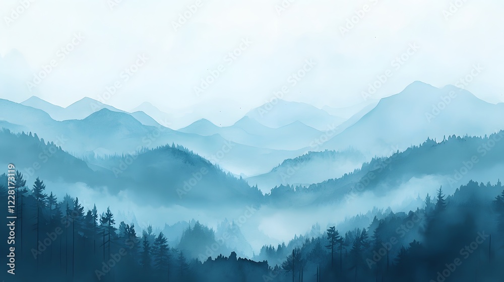 Watercolor painting of a mountain range, with a misty
Watercolor painting of a mountain range, with a misty