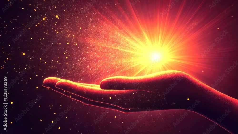 Radiant energy emanating from open hands in a mesmerizing burst of light