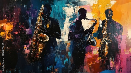 Saxophone Symphony: A vibrant abstract painting of three jazz musicians playing saxophones photo