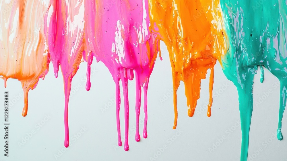 Bright paint in shades of orange, pink, and teal flows down a white surface, forming a whimsical and vibrant display. The colors blend beautifully, showcasing artistic creativity Bright paint in shades of orange, pink, and teal flows down a white surface, forming a whimsical and vibrant display. The colors blend beautifully, showcasing artistic creativity