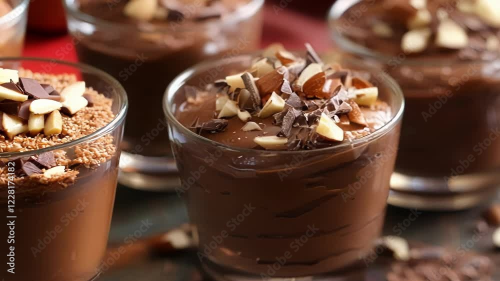 Three glass cups filled with chocolate mousse topped with sliced almonds and chocolate shavings sitting on a wooden surface Three glass cups filled with chocolate mousse topped with sliced almonds and chocolate shavings sitting on a wooden surface