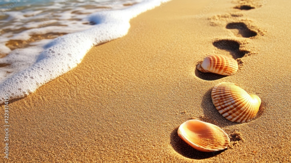 Seashells and footprints line a sandy beach shore Seashells and footprints line a sandy beach shore
