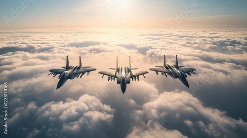 Three fighter jets maneuver gracefully in formation above a thick blanket of clouds, illuminated by the warm hues of a stunning sunset. The scene captures a moment of aerial precision