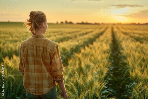 Young farmer inspecting wheat field crop.