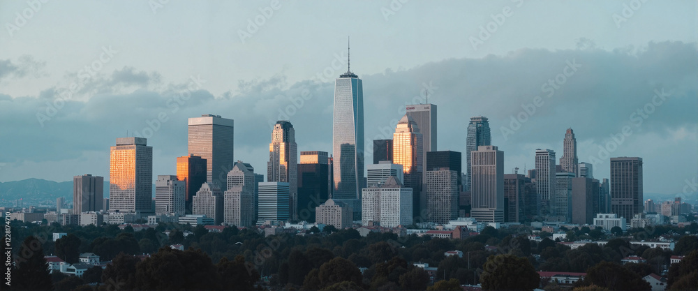 Fototapeta premium Californian city skyline reflecting orange hues at sunset, urban beauty