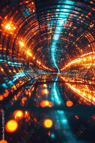 Abstract tech tunnel with glowing lights and reflective surfaces