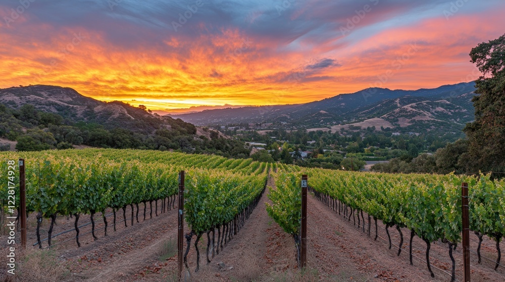 Fototapeta premium Vineyard Sunset Over Rolling Hills and Valley