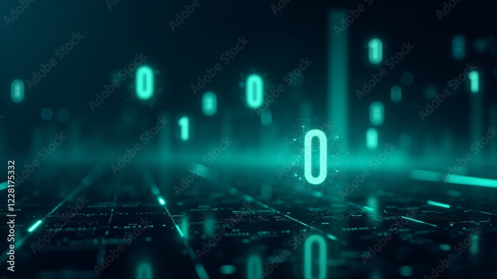 Floating binary code in white and green hovers against a futuristic digital background, with a grid structure and glowing patterns. Floating binary code in white and green hovers against a futuristic digital background, with a grid structure and glowing patterns.