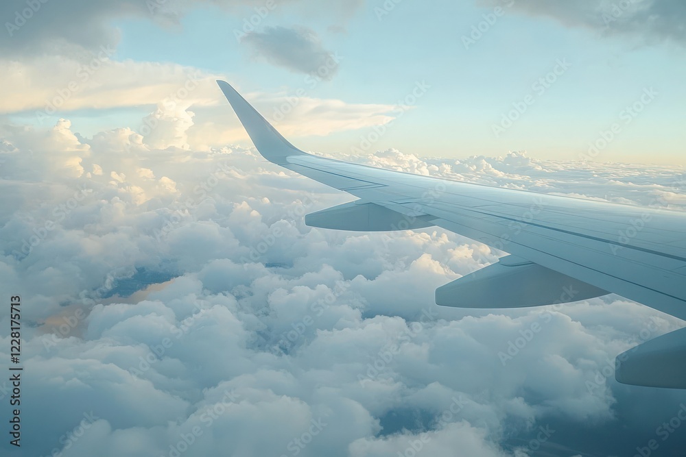Obraz premium Airplane wings seen from a passenger window with clouds and sky