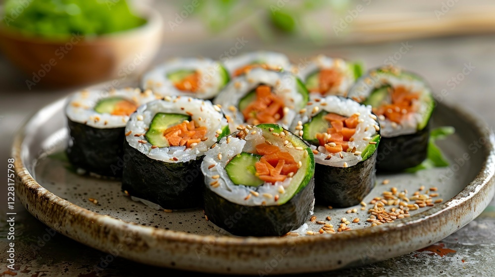 Fresh rice paper rolls filled with vibrant carrots, crisp cucumber, creamy avocado, and leafy lettuce are artistically organized on a ceramic plate. Fresh rice paper rolls filled with vibrant carrots, crisp cucumber, creamy avocado, and leafy lettuce are artistically organized on a ceramic plate.
