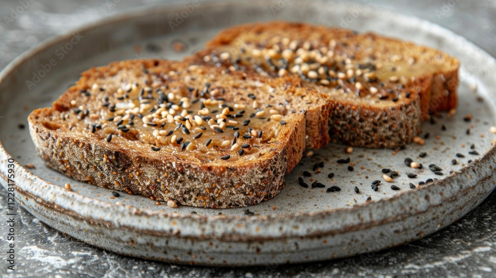 Two slices of whole-grain bread are beautifully arranged on a ceramic plate. 