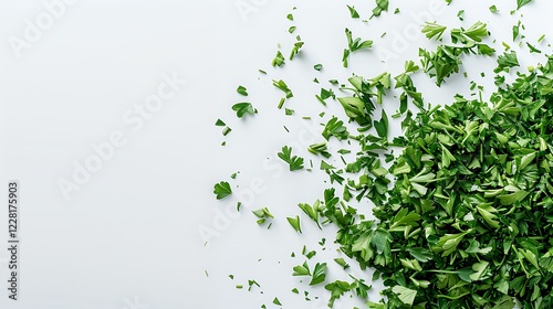 A scattering of dried parsley on a pristine white backdrop photo