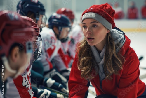 Female coach explaining game plan to hockey team photo