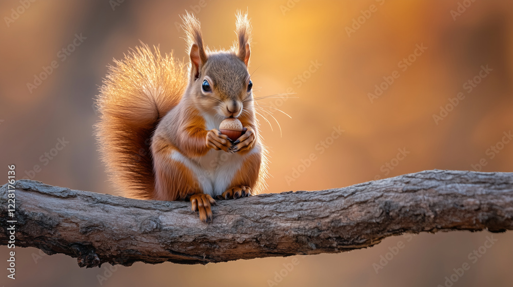 Fototapeta premium A squirrel holding an acorn on a tree branch