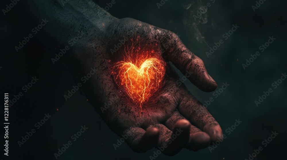 A weathered hand gently cradles a vibrant heart-shaped flame, casting an ethereal glow. This moment captures the essence of passion, warmth, and connection, surrounded by shadows