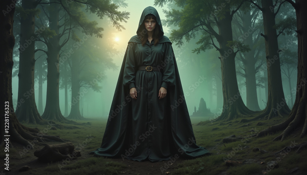 Mysterious woman in hooded cloak standing in foggy forest, mysticism Mysterious woman in hooded cloak standing in foggy forest, mysticism
