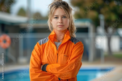 Portrait of female coach standing with arms crossed near poolside photo