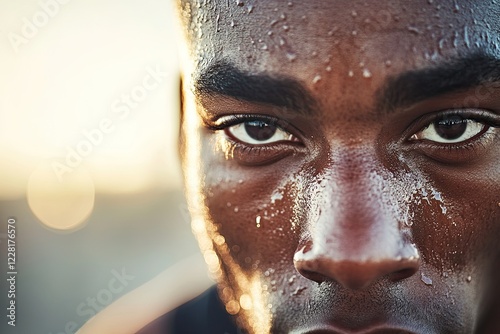 ultra-detailed close-up of male runner face sweat dripping down his forehead as he pushes through exhaustion