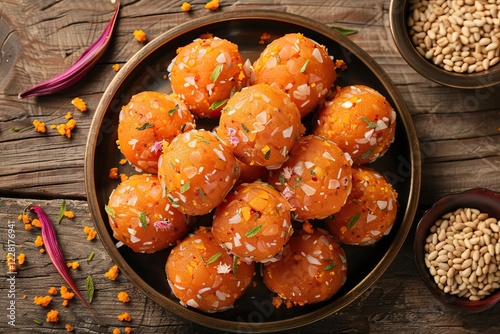 top view of Indian sweet motichoor laddoo also know as bundi laddu