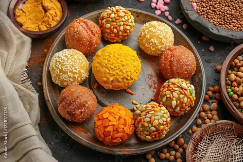 Various Indian festive ladoo in top view plate display photo