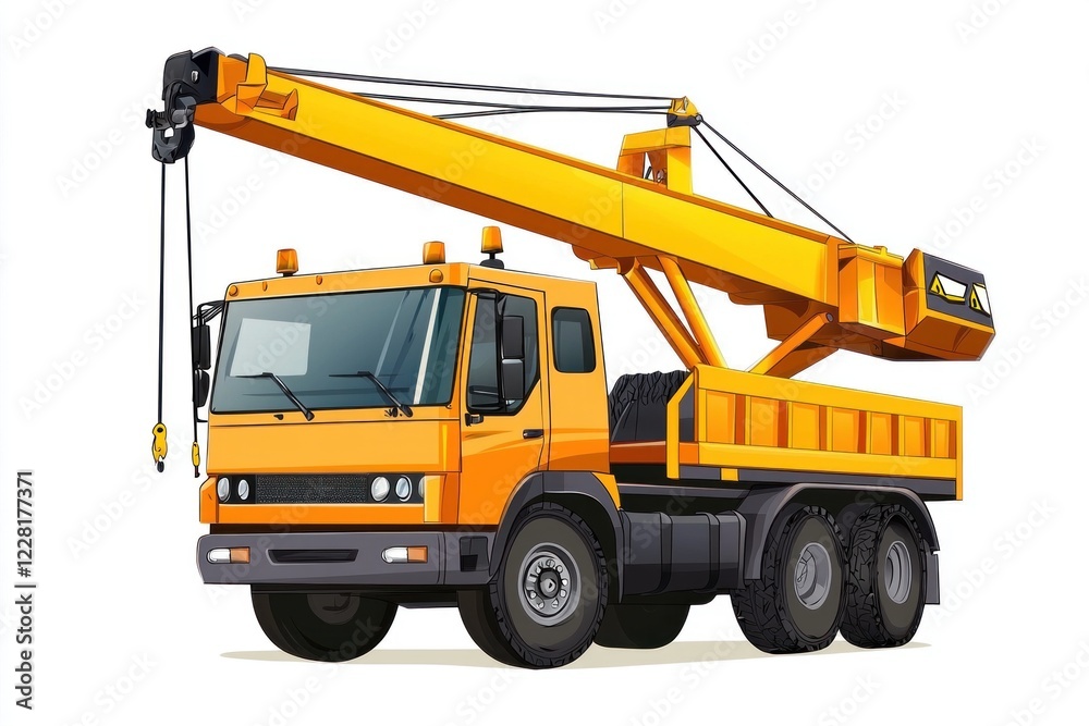 Fototapeta premium Crane Truck Cartoon style isolated on white background. Heavy Machinery. Construction Vehicle. Mobile Crane. Truck with Crane Arm. Crane Truck Design Element. Realistic Crane Truck isolated for Design