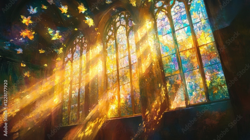 Naklejka premium Autumn Sunlight Streaming Through Cathedral Windows