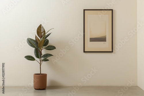Minimalist corner featuring a single rubber plant and a framed artwork in a modern home setting with neutral colors