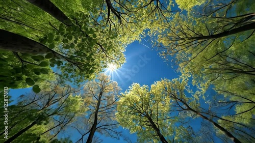 Sunlight filtering through tall forest canopy on a clear day with gentle breeze