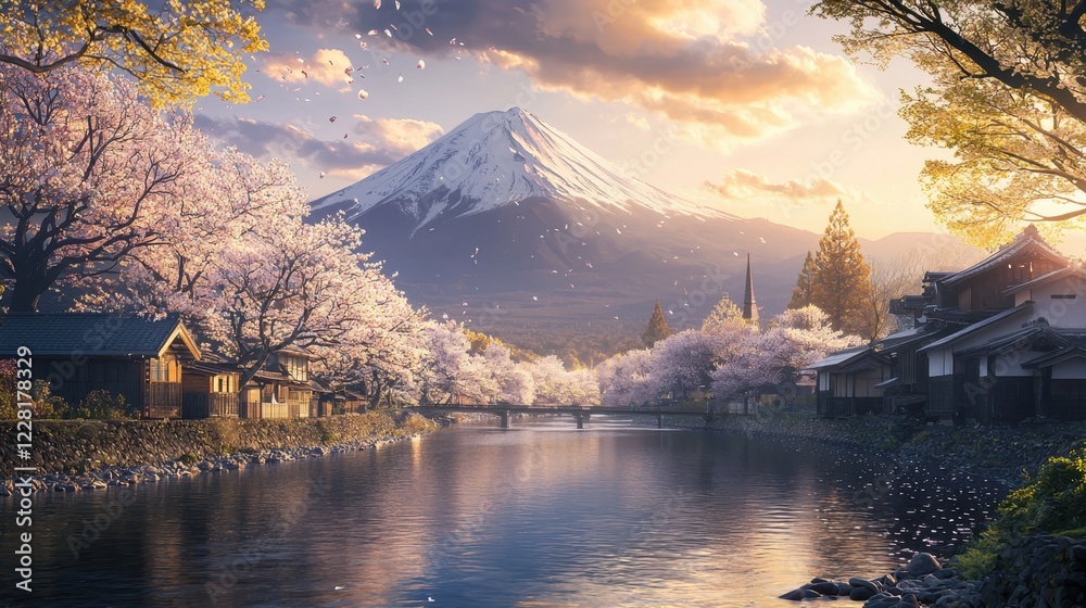 Fototapeta premium Cherry blossom trees line the river, their petals drifting through the air. 