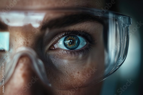 ultra-detailed close-up portrait of scientist in high-tech lab removing safety goggles with wide gleaming eyes as chemical