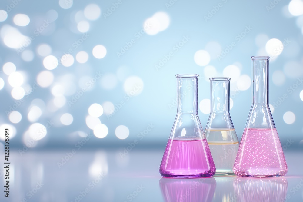 Three laboratory flasks with pink and transparent liquids on a soft bokeh blue background. Scientific research and analysis applications. Three laboratory flasks with pink and transparent liquids on a soft bokeh blue background. Scientific research and analysis applications.