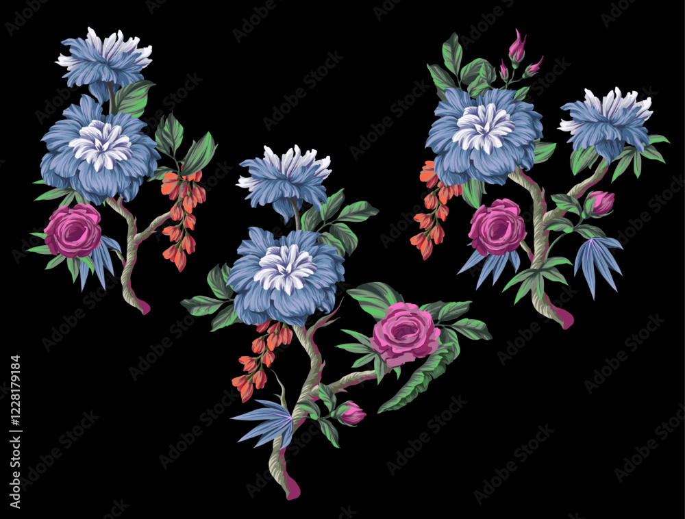 Bouquets with Chintz flowers and leaves. Vector. Bouquets with Chintz flowers and leaves. Vector.