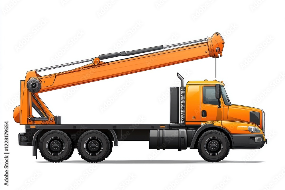 Naklejka premium Crane Truck Cartoon style isolated on white background. Heavy Machinery. Construction Vehicle. Mobile Crane. Truck with Crane Arm. Crane Truck Design Element. Realistic Crane Truck isolated for Design