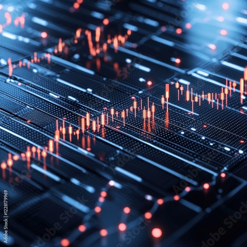 Candlestick charts glowing on a futuristic metallic surface