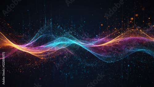 Fondo con Interacción de partículas luminosas en un diseño fluido y colorido, creando ondas de luz entrelazadas en colores vibrantes sobre un fondo oscuro