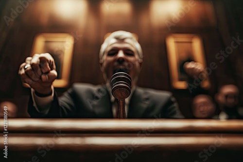 ultra-detailed close-up portrait of auctioneer standing at podium gavel in hand mouth open in exhilaration as he announces photo