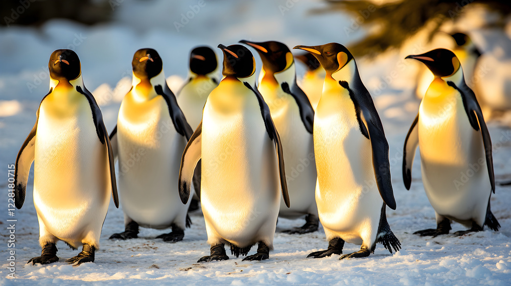 Obraz premium Emperor Penguins: Majestic Gatherings on Sunlit Ice Fields in the Heart of Antarctica