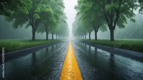 Long paved road, trees and greenery on the sides