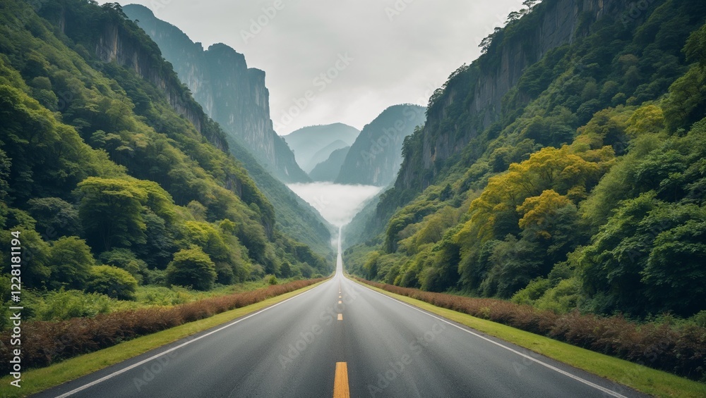 Naklejka premium Long paved road, trees and greenery on the sides