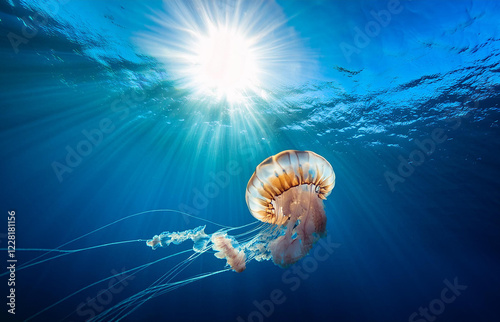 Jellyfish close-up swims in the blue ocean, in the background the sun shines through the water photo