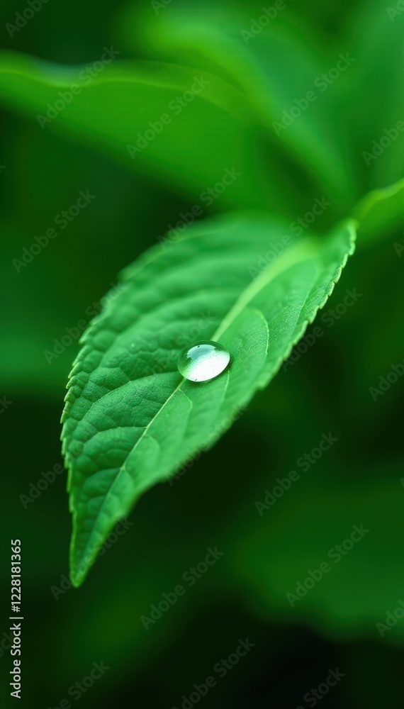 Single dewdrop on lush green leaf, isolated backdrop , clean, macro Single dewdrop on lush green leaf, isolated backdrop , clean, macro