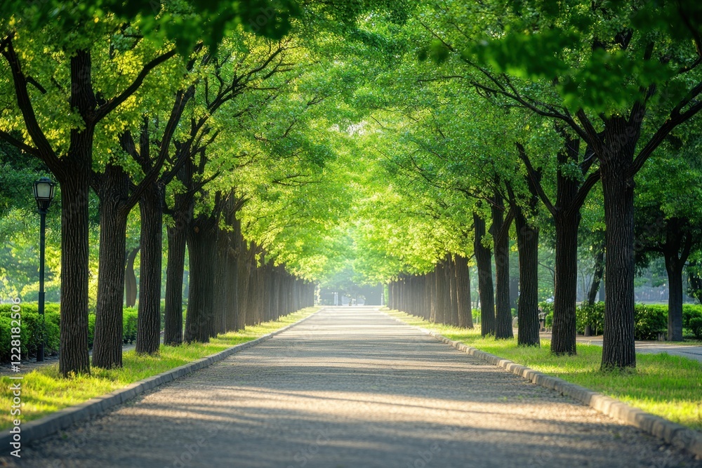 Serene Pathway: A Sunlit Stroll Through Lush Greenery Serene Pathway: A Sunlit Stroll Through Lush Greenery